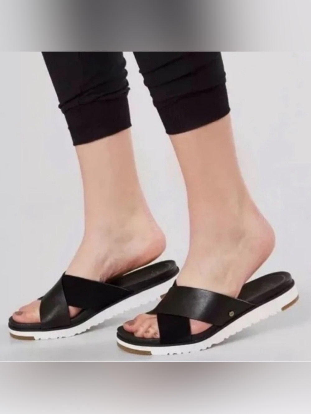 UGG Kari Black Leather Suede Criss Cross Slide Sandals, Size 8